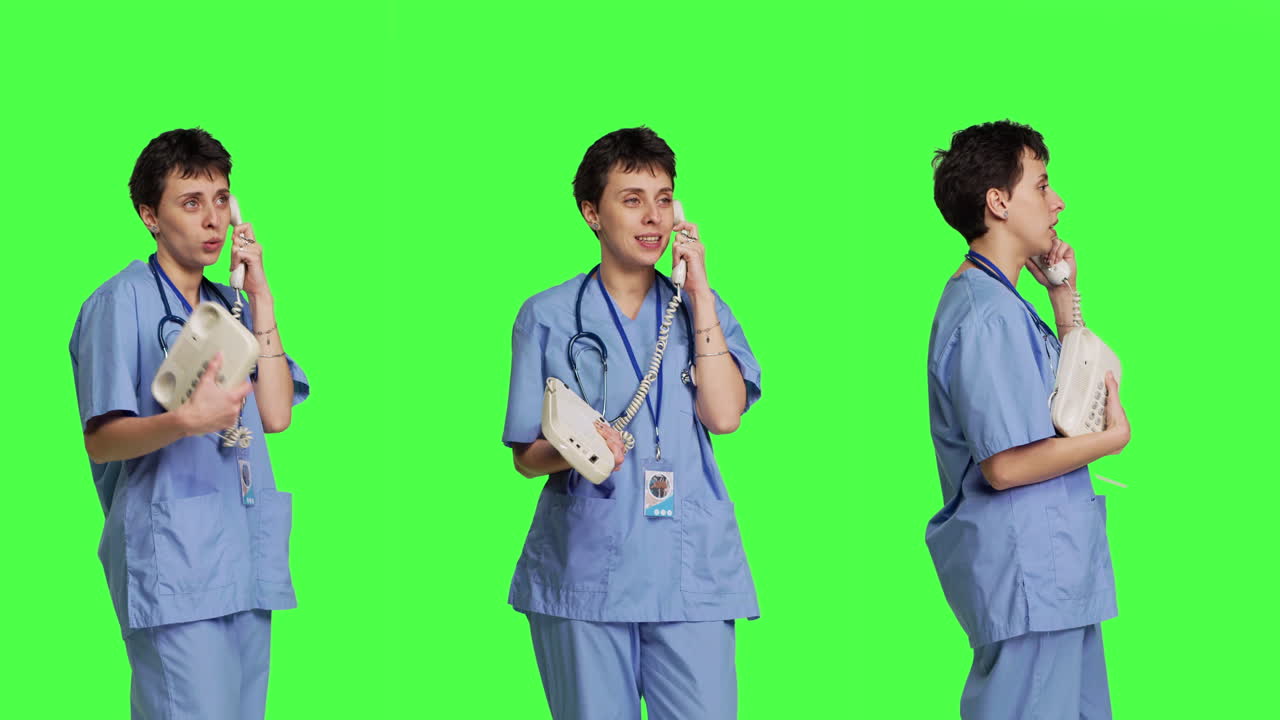 체크업 약속을 하기 위해 고정 전화 통화에 응답하는 간호사