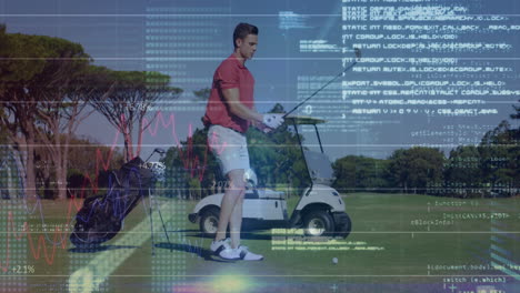 golfer preparing to swing with data processing animation over golf course scene