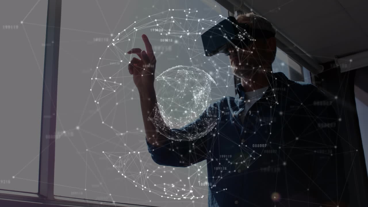 Animation of network of connections over man wearing vr headset