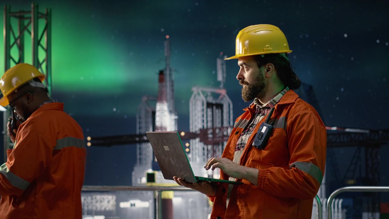 Analyse af oliekrise-logistik, bærbar computer og boreplatformingeniør