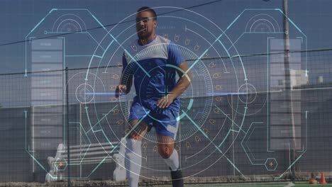 Digital-interface-with-data-processing-against-male-soccer-player-training-on-grass-field