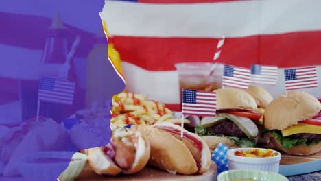 Animation-of-usa-flag-and-human-profile-over-hot-dogs