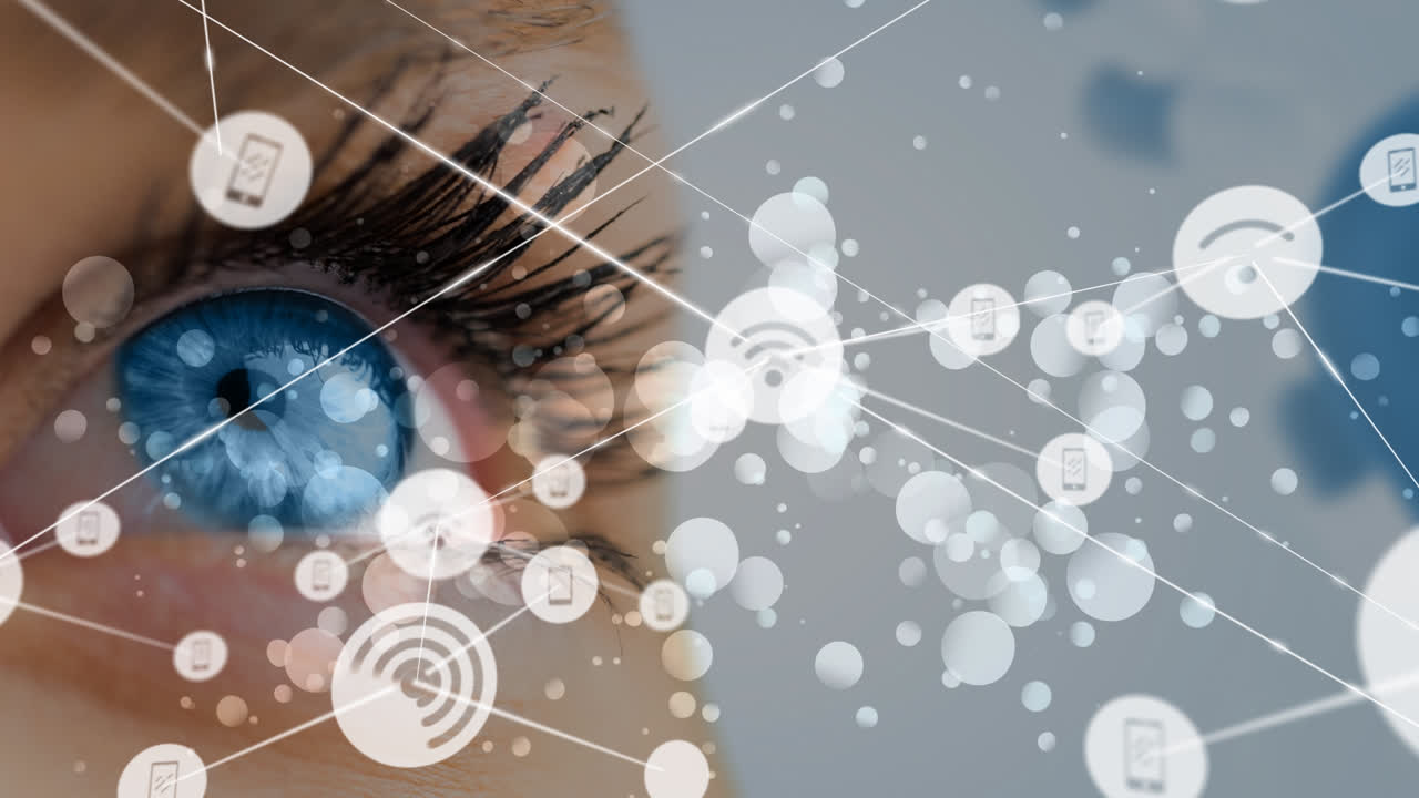 Animation of network of connections with icons over woman's eye