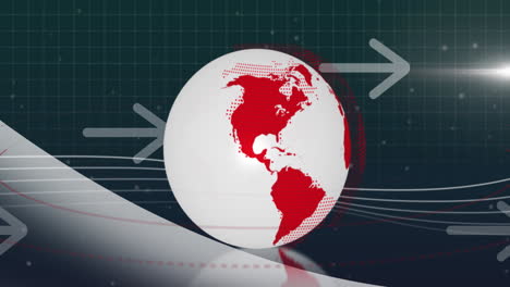 animación de iconos de globo giratorio y flecha moviéndose hacia los lados en fondo verde con espacio de copia