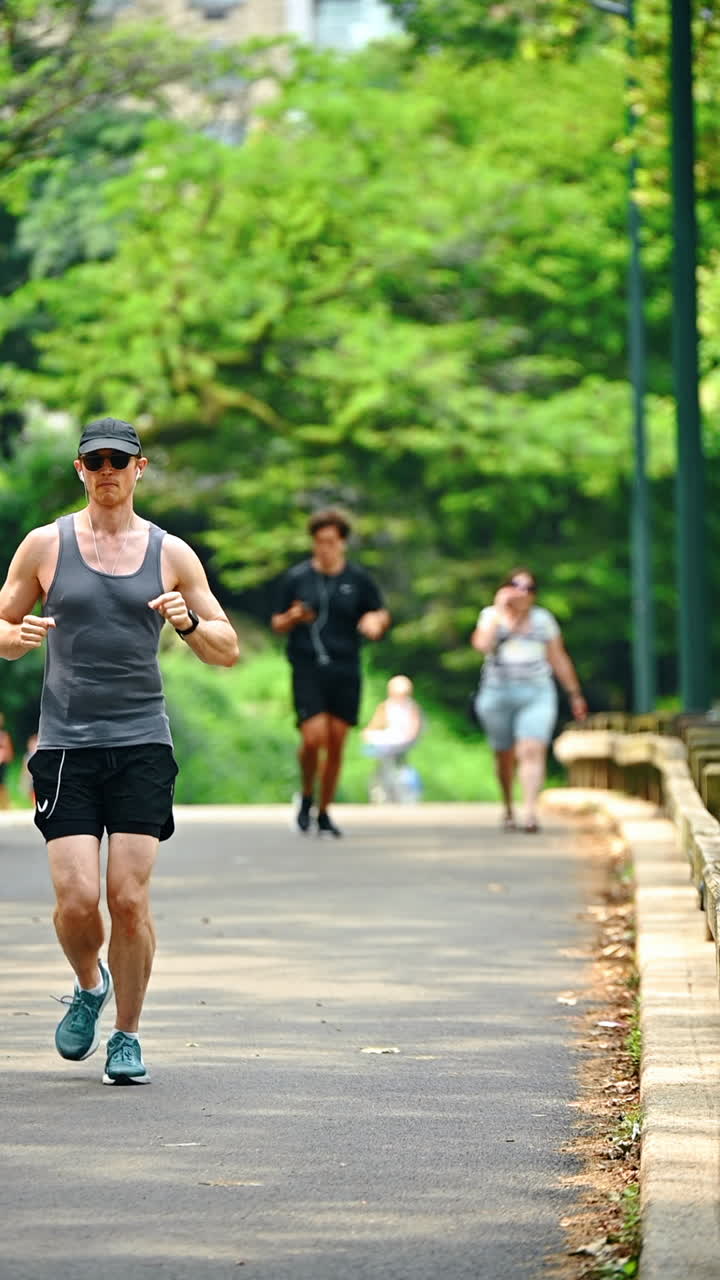 New York, USA, 28 July 2025: Jogging in Central Park during the day. Three people are jogging along a path in Central Park, surrounded by lush greenery on a sunny day