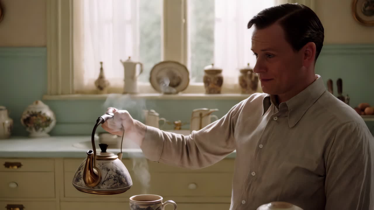 Man pouring hot water from a kettle into a teacup in a cozy kitchen