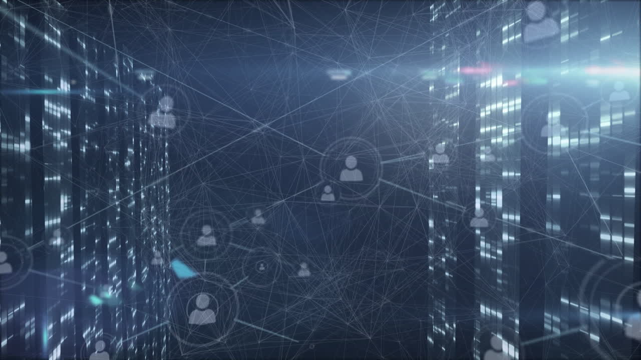 Animation of digital network connections and user icons over cityscape at night