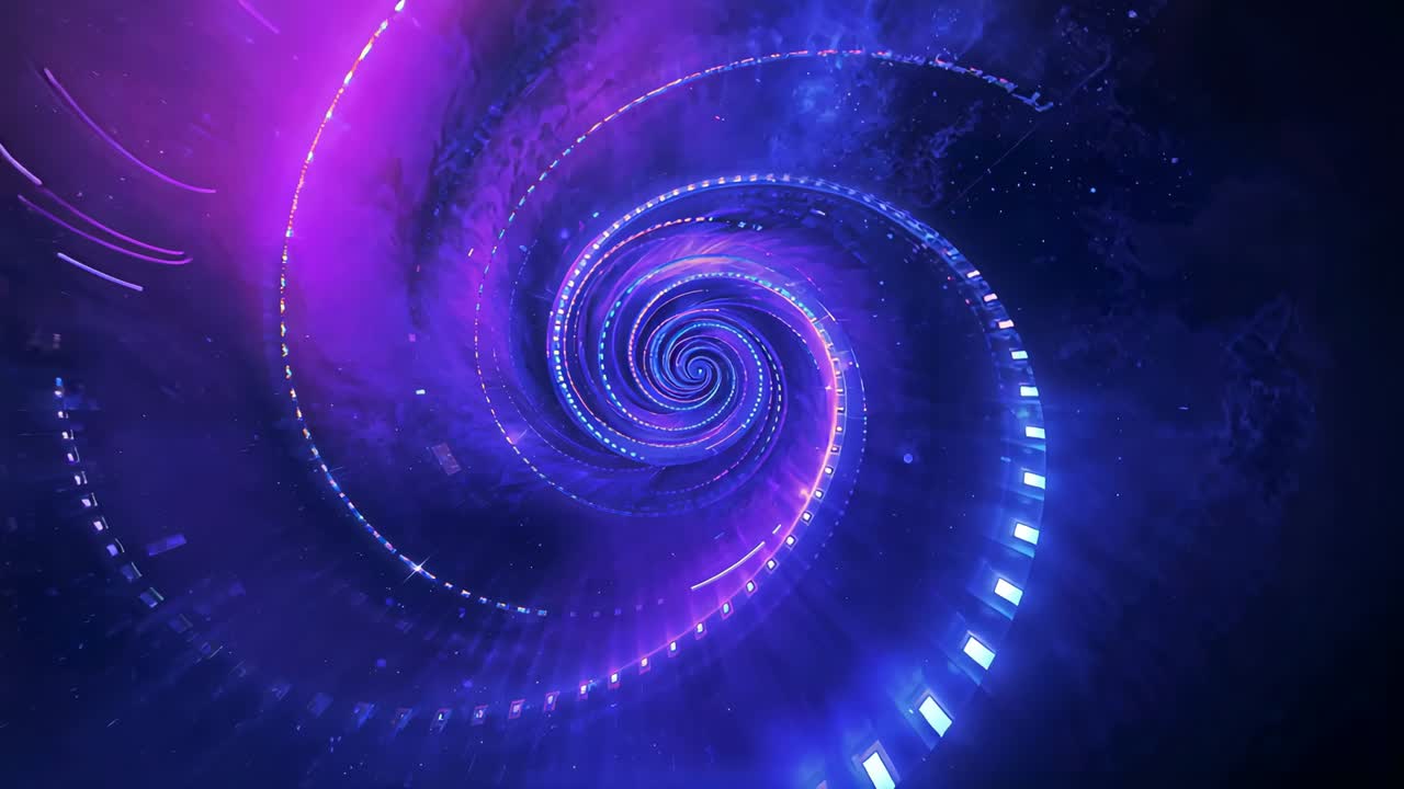 Revealing neon spiral vortex drawing inward in cosmic void, pulsing magenta and cobalt-blue light