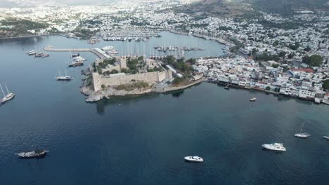 Drone-shot-of-Bodrum-town-and-castle-on-the-Turkish-Riviera