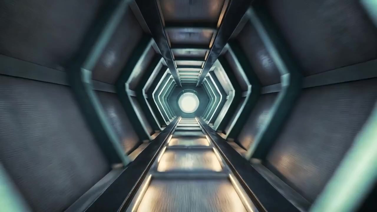 Moving camera pushing forward through hexagon tunnel toward bright exit, showing lit catwalk