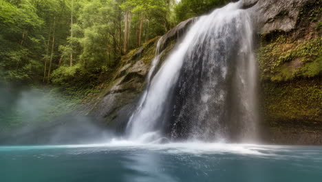 majestic waterfall cascading into a blue pool in a lush forest