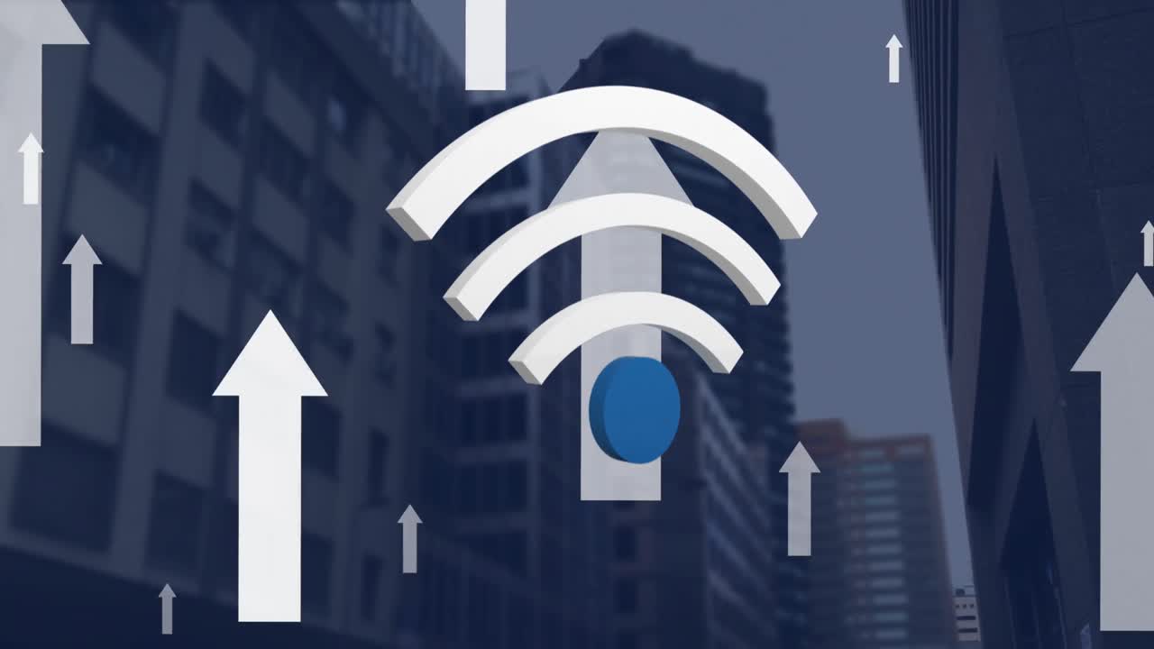 Animation of wifi and arrows digital icons floating over cityscape