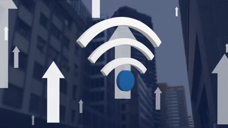 animation of wifi and arrows digital icons floating over cityscape