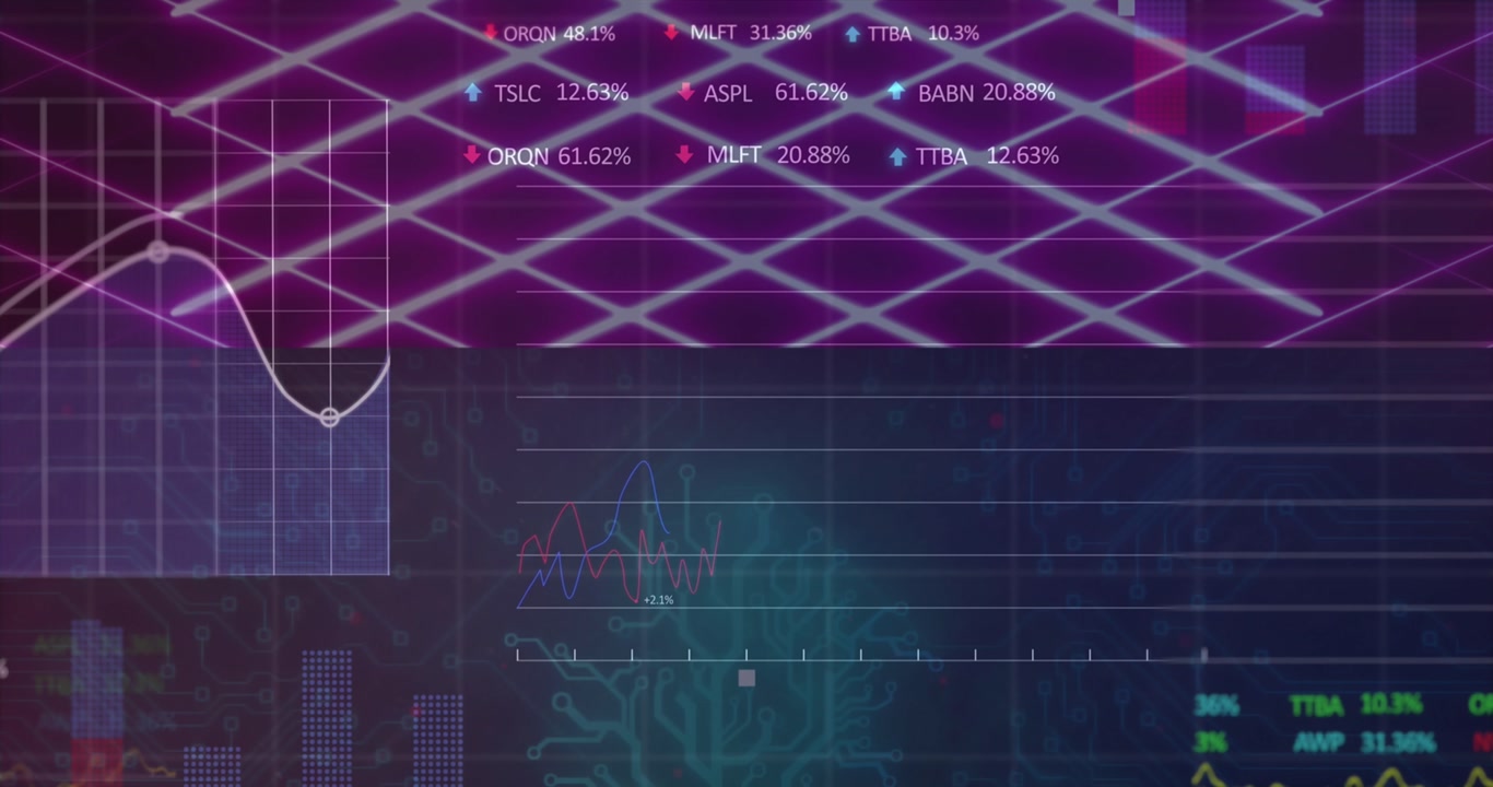 Animation of network of connections over financial data processing on black background