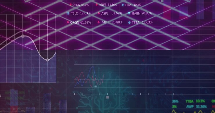 Animation of network of connections over financial data processing on black background