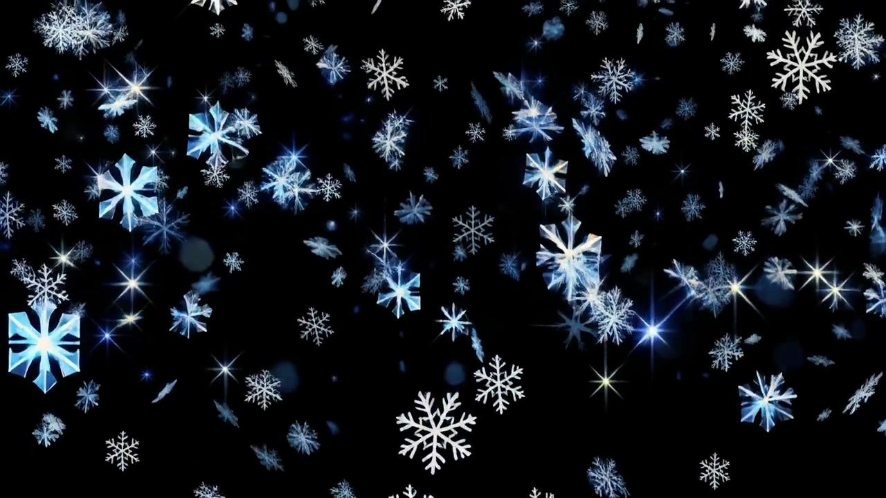 Fallende snøflak og glitrende stjerner på svart bakgrunn