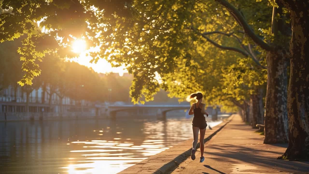 Woman running along a riverbank at sunrise