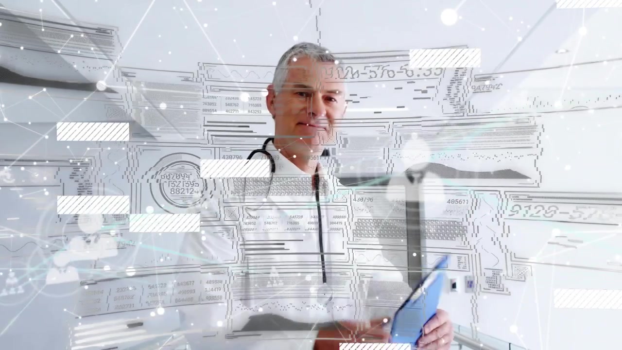 Kamera trækker sig tilbage og afslører læge, der bladrer i en blå udklipsblok, mens dataoverlejringer hjælper med diagnosen.