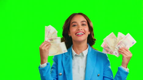 Happy-woman,-green-screen-and-money-fan