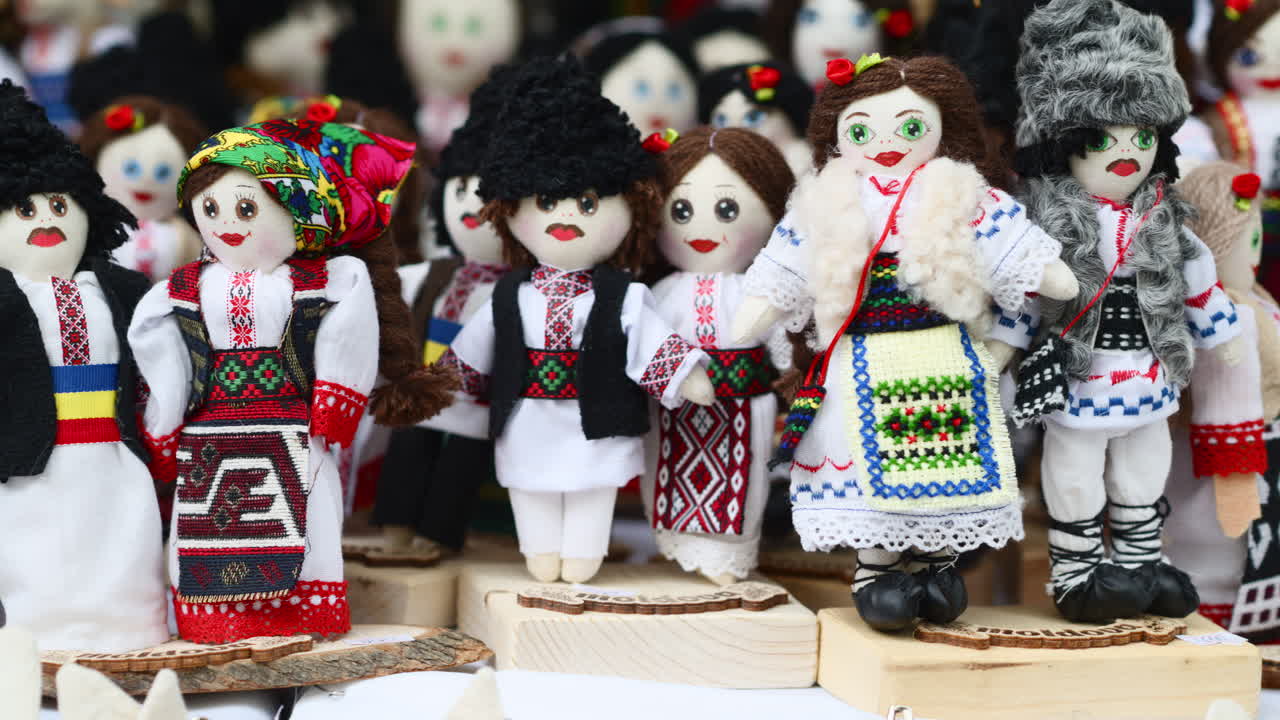 Colorful handmade dolls dressed in traditional Moldavian and Romanian clothing are displayed at a local craft fair
