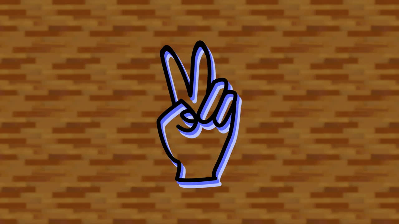 animación de la mano del signo de paz de neón verde, en el fondo de la pared de ladrillo digital