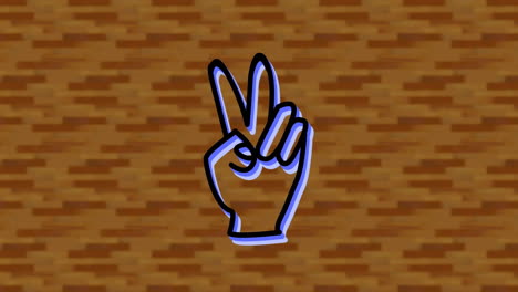 animation of green neon peace sign hand, on digital brick wall background