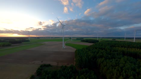 Fpv-drone-shot-of-a-wind-farm-in-Poland,-Aerial-wind-turbine-generating-renewable-energy