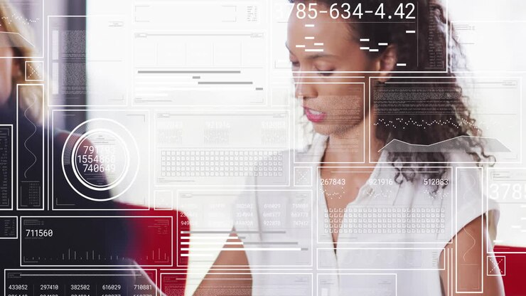 Animation of hud interface screens over biracial businesswoman explaining in meeting
