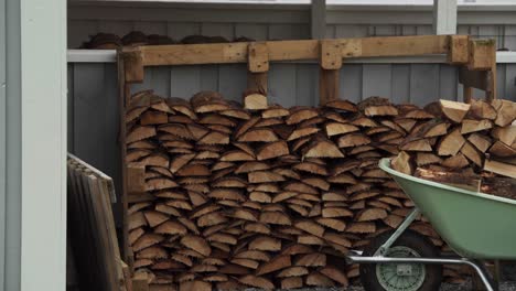 stacked chopped wood with a man pushing wheelbarrow