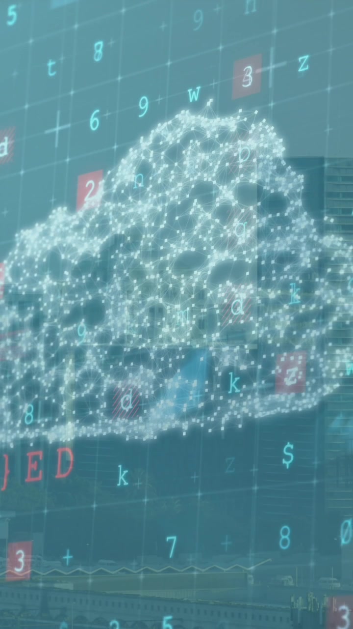 Animation of digital cloud and numbers over cityscape