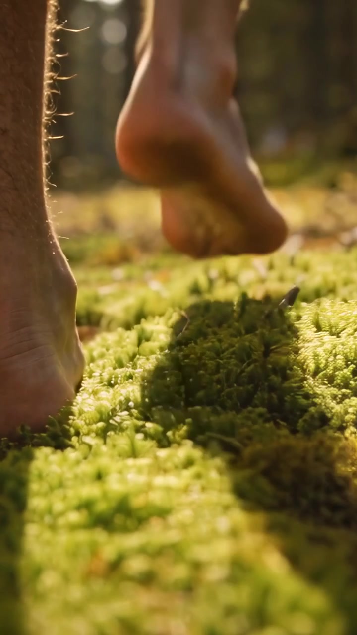 Vertical video: Foot lifting sending bare feet pressing green moss in forest, casting dappled light