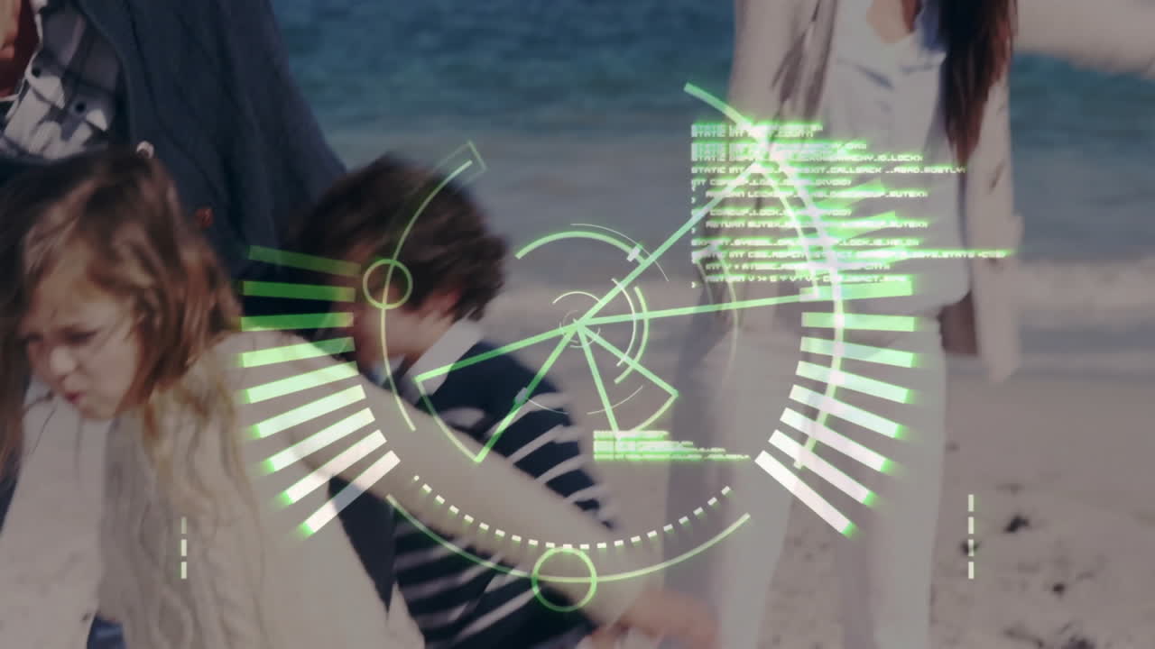 On beach day, people relaxing with digital radar animation overlay in background