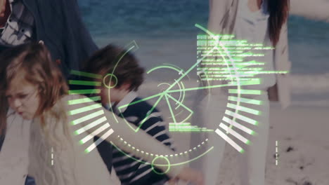 on beach day, people relaxing with digital radar animation overlay in background
