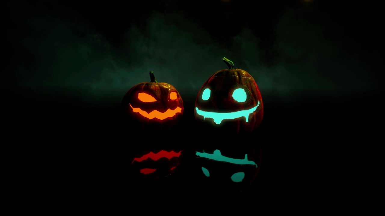 Contrasting Neon Glow Jack O Lanterns In Dark, Moody Setting