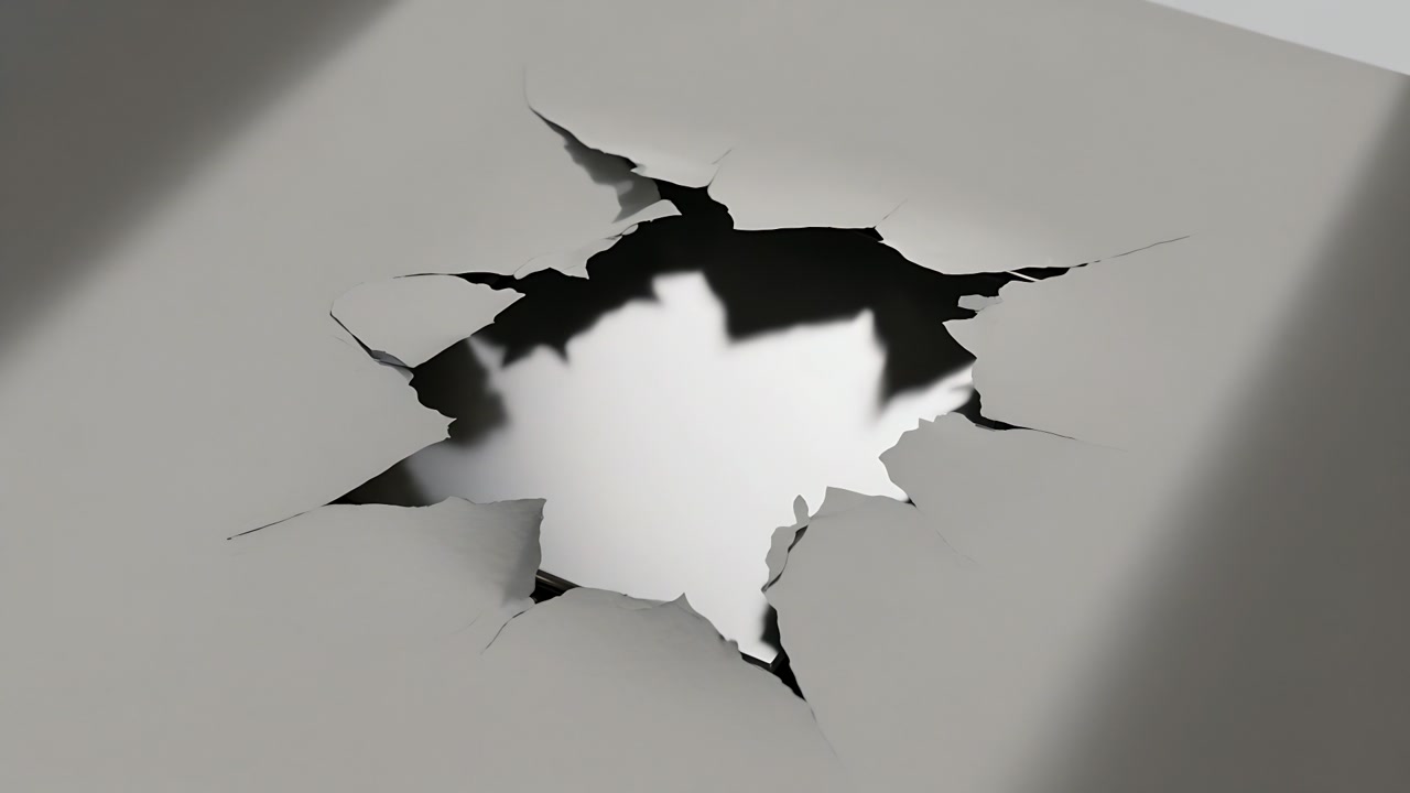 Puncture tearing gray sheet, revealing shiny metal panel, frame and curled flaps in studio