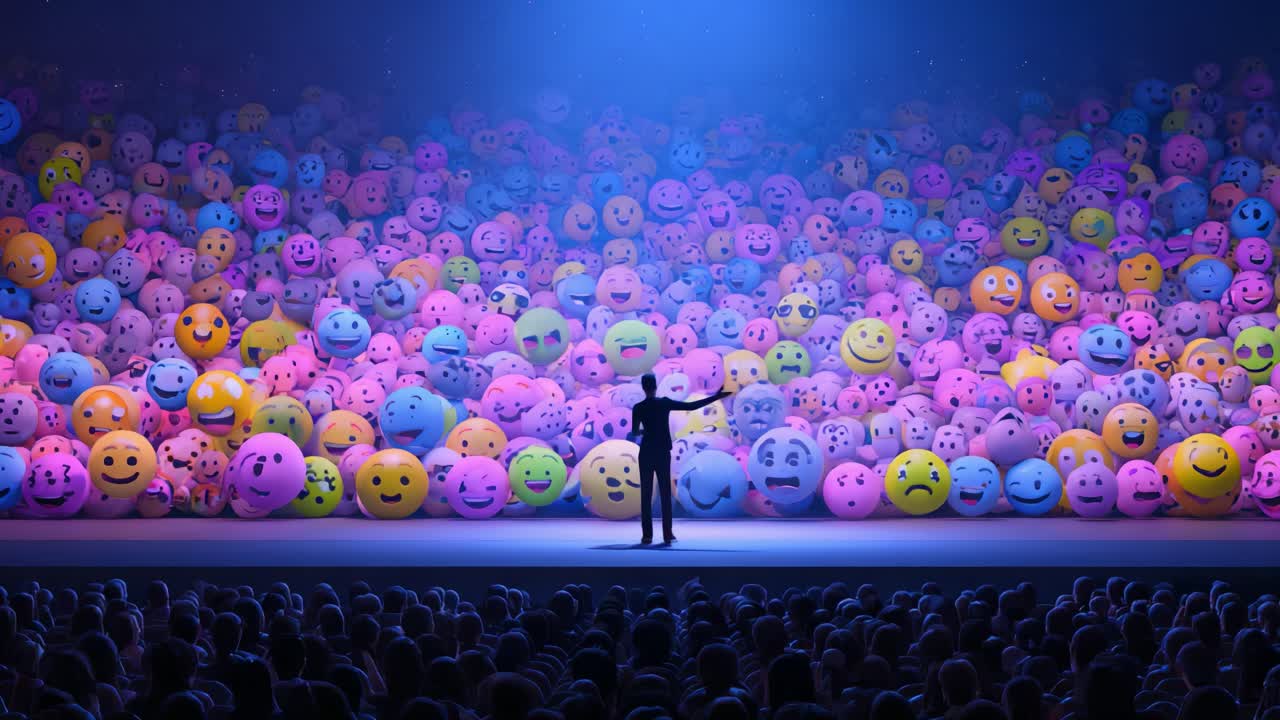 A captivating performance on stage surrounded by a colorful crowd of vibrant, expressive emoji faces, creating a whimsical atmosphere filled with varied emotions and unique characters evoking amusement