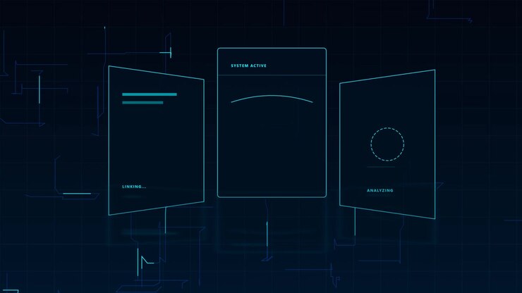 Futuristic Digital Interface Displaying System Status and Data Analysis