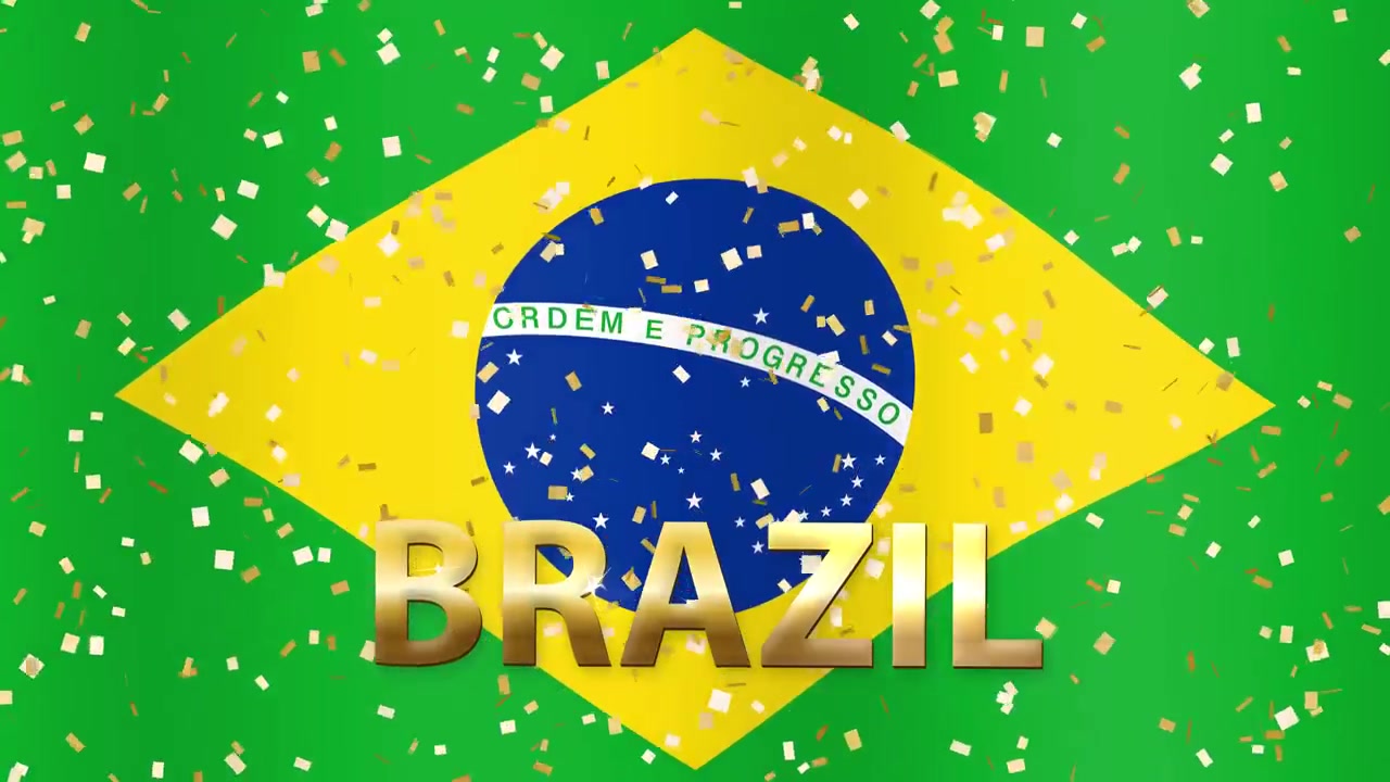 Bandeira brasileira animada tremulando com confetes dourados caindo e sobreposição de texto "Brasil" em 3D metálico