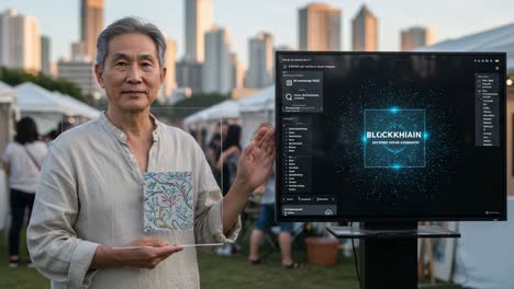 Showcasing Innovation in Technology: A Passionate Individual Displays an Engaging Blockchain Visual Project Amidst a Modern Urban Landscape