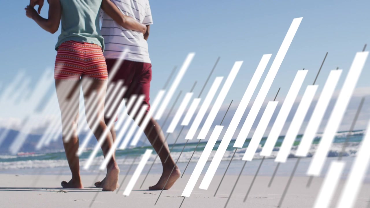 Cam pulling back showing couple walking along beach white bars partly obscuring them bonding travel
