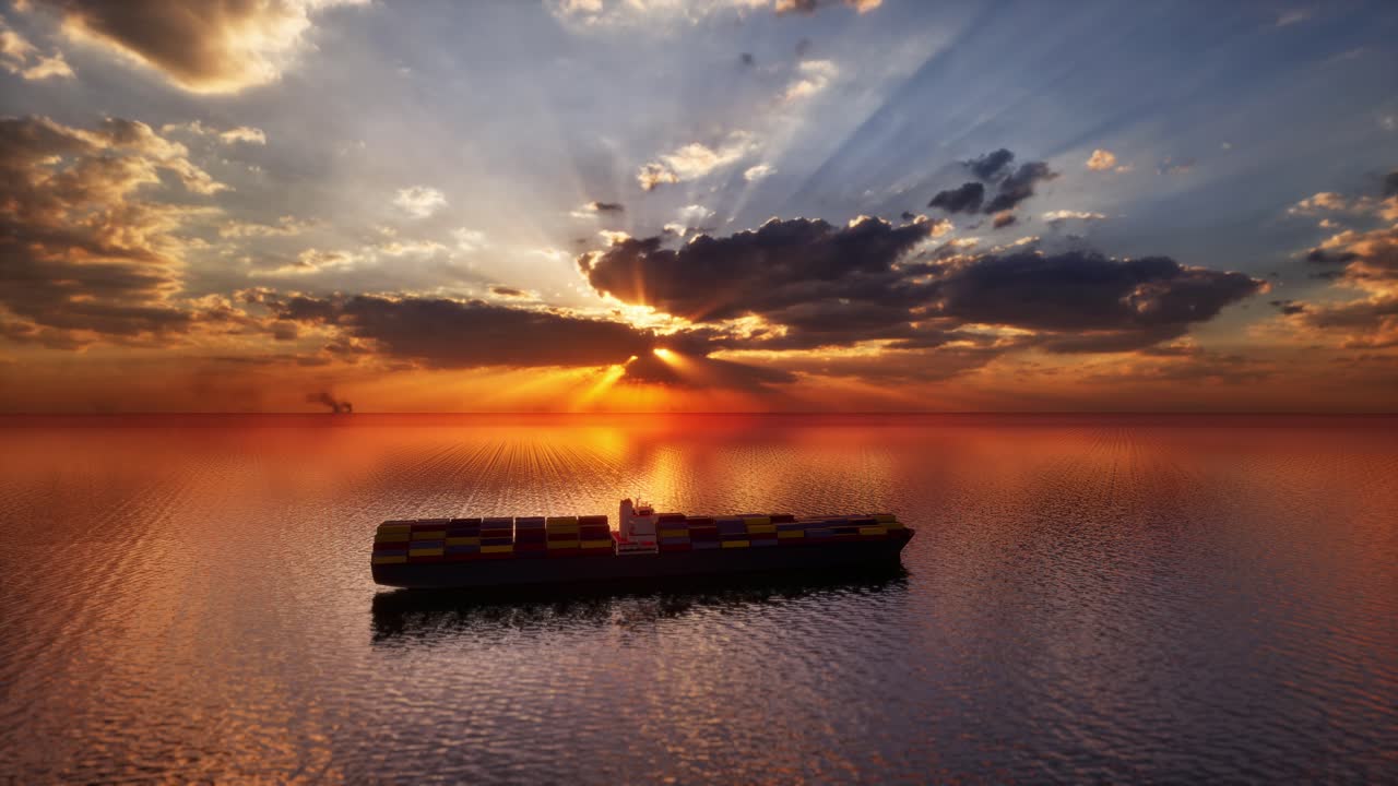 Loaded Container Cargo Ship Sailing Over Calm Sea Into The Sunset