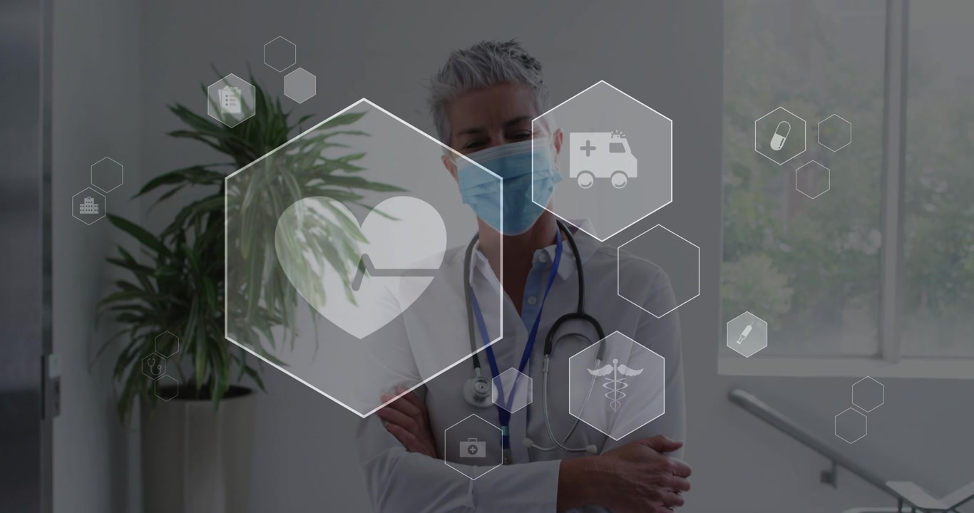 Vidéo verticale: Au démarrage, un médecin masqué, bras croisés, des icônes hexagonales montent et pulsent, montrant la télémédecine