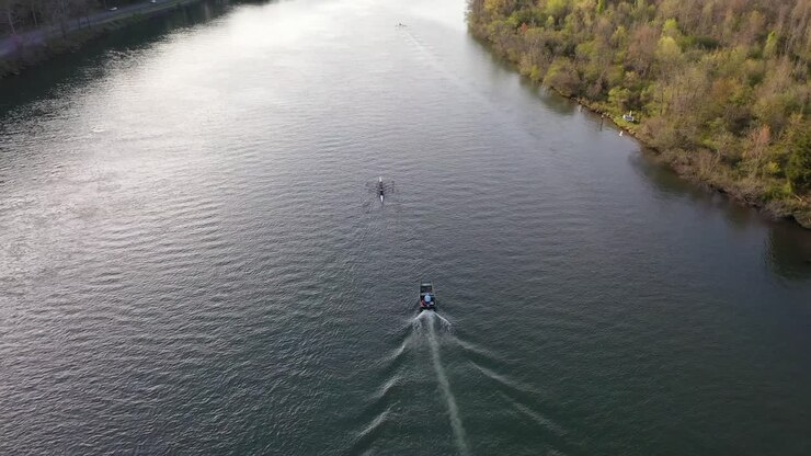 Aerial view of the Tennessee hills and rowers at Less shoals in Oak Ridge, Tennessee