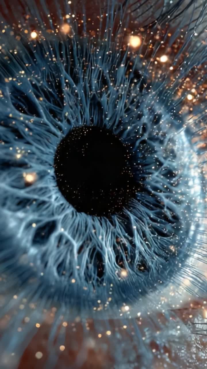 Primo piano di un occhio umano che cattura dettagli complessi e motivi straordinari, mostrando la bellezza e la complessità dell'iride e delle strutture circostanti
