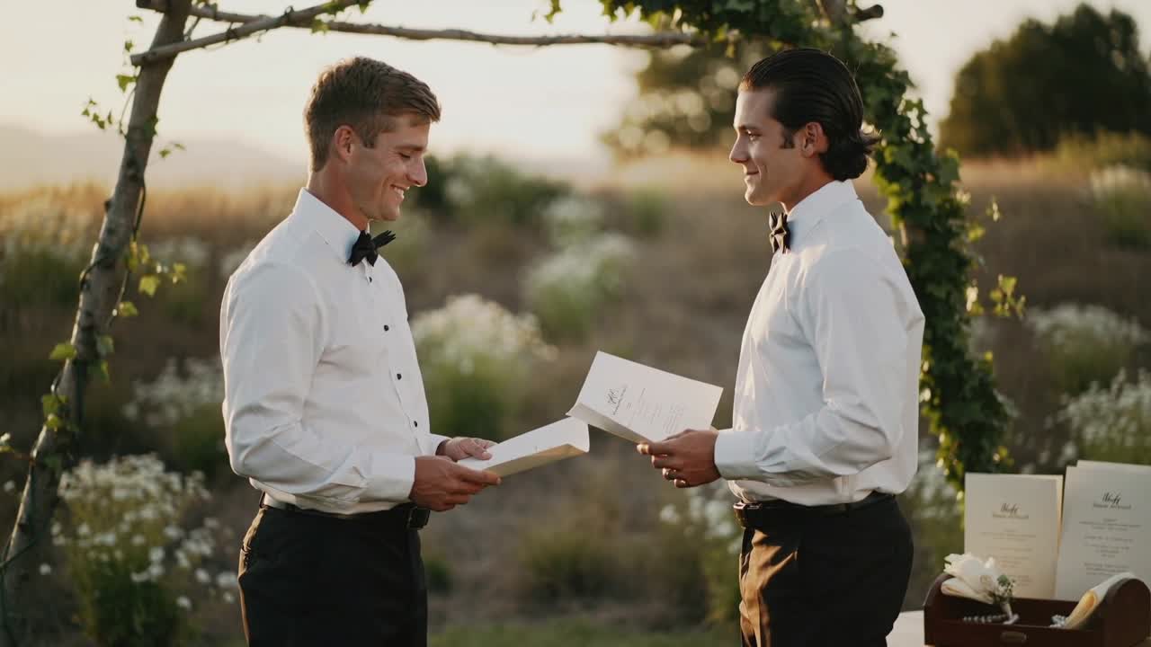 Reading vows after swapping booklets, grooms in formal attire beneath wooden arch in grassy meadow