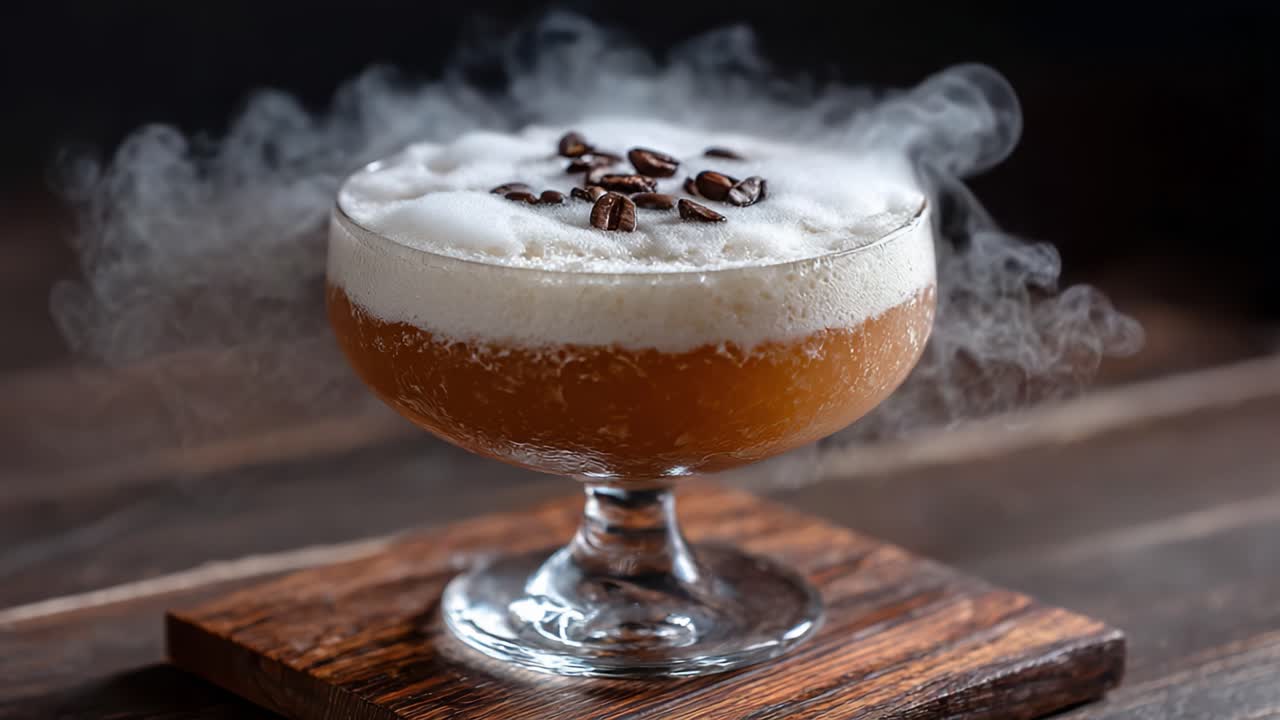 A Delicately Crafted Cocktail Featuring Frosty Foam and Coffee Beans, Perfectly Displayed in an Elegant Glass on a Wooden Surface, Evoking Sophistication and Flavorful Indulgence