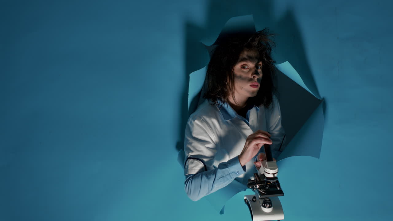 Crazy foolish scientist using laboratory microscope in studio