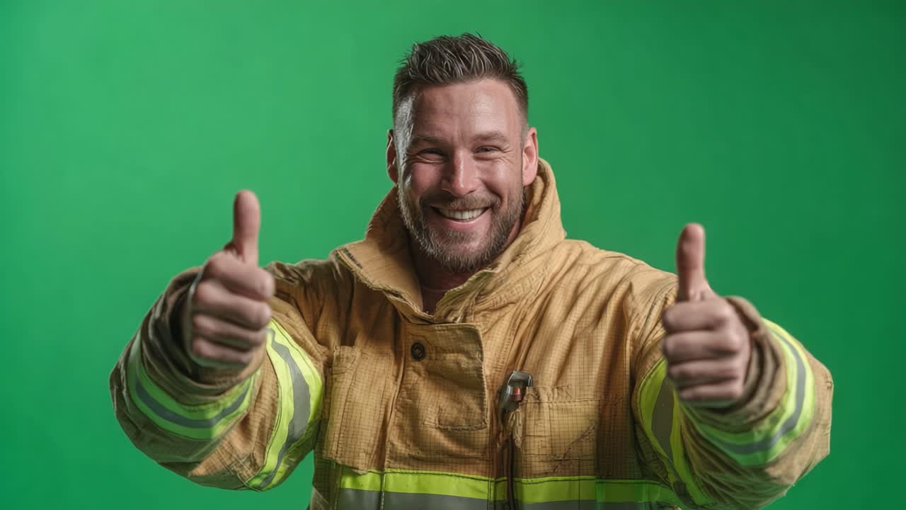 A smiling firefighter giving a double thumbs-up gesture, embodying positivity and readiness, captured against a vibrant green background for enhanced visibility and inspiration