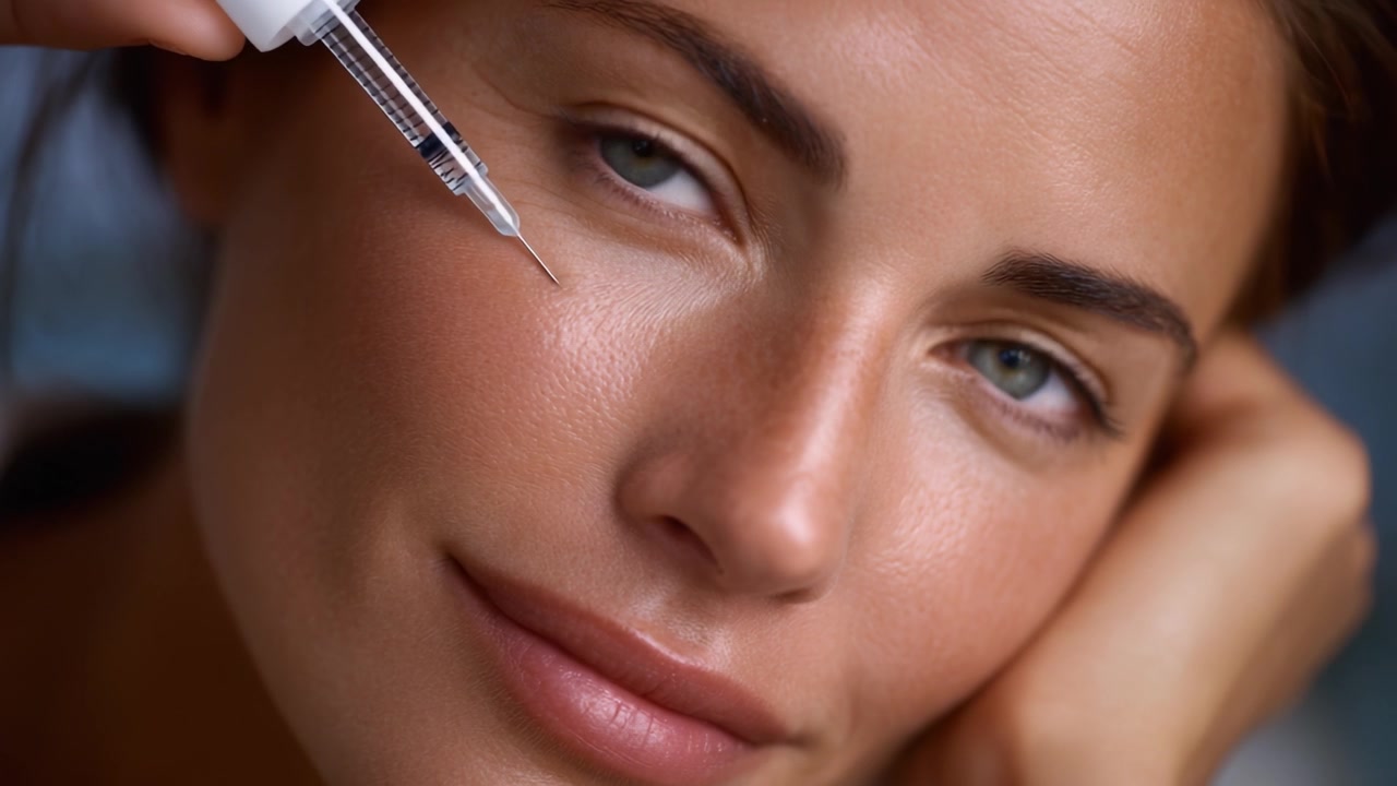 Una vista ravvicinata di una donna che riceve un trattamento cosmetico con una siringa, evidenziando la sua texture della pelle e l'espressione serena durante la procedura di bellezza.