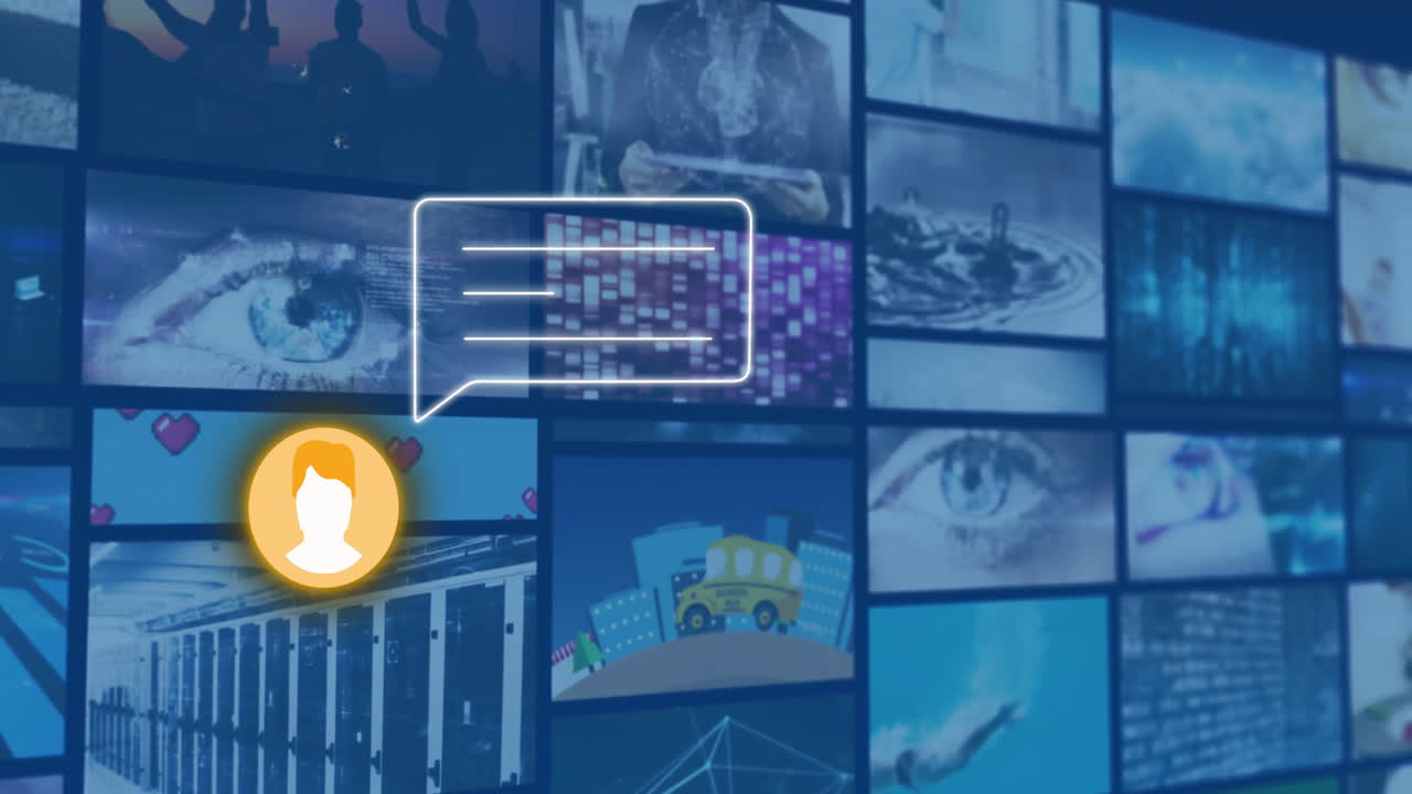 Animation of digital communication icons overlaying technology and nature collage